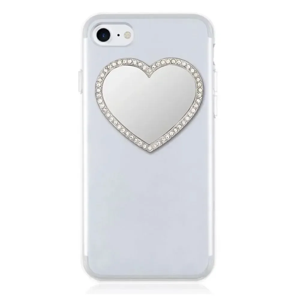 Silver with rhinestone embellished heart shaped phone mirror